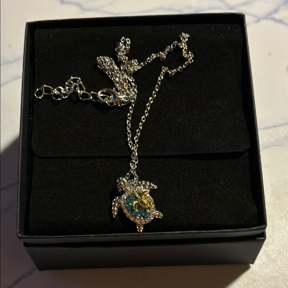 Silver Turtle Pendant Necklace with Blue and Green Accents